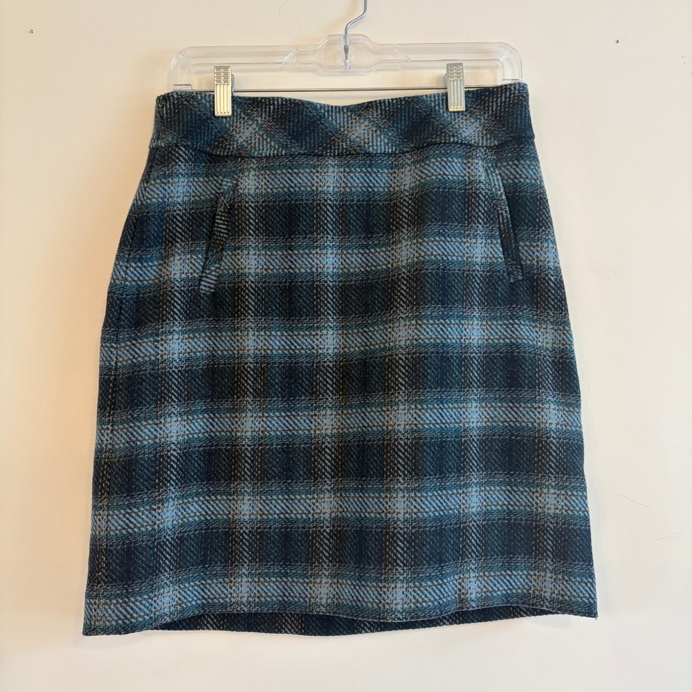 NWT Talbots Teal Black Plaid Wool Blend Knee Length Skirt Tweed Textured‎ Size 2